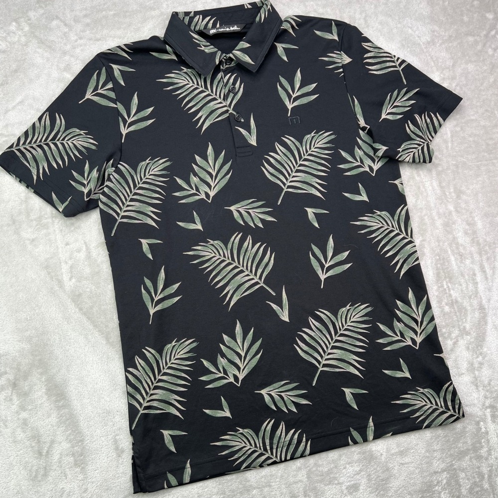 Travis Mathew Resort Town Polo Shirt Mens S Black Palm‎ Leaf Print Golf Stretch